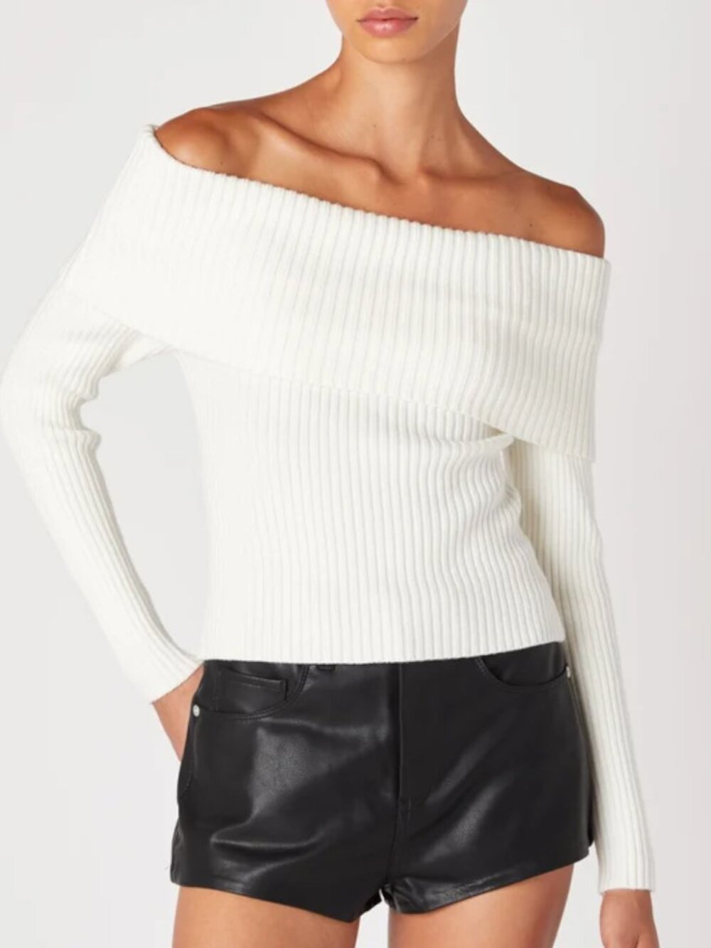 BlankNYC Ivory Ribbed Sweater Fast Talker Off Shoulder Off-White Size L